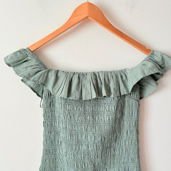 Abercrombie & Fitch Smocked Off The Shoulder Mini Dress Sage Green NWT Sz M Tall - Picture 6 of 8